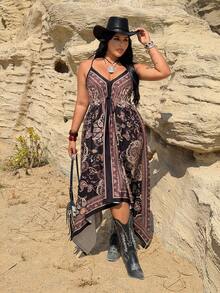 Rustia Vestido camisero largo con escote en V profundo, cintura asimétrica y sin mangas, talla grande - Multicolor - Ver 4
