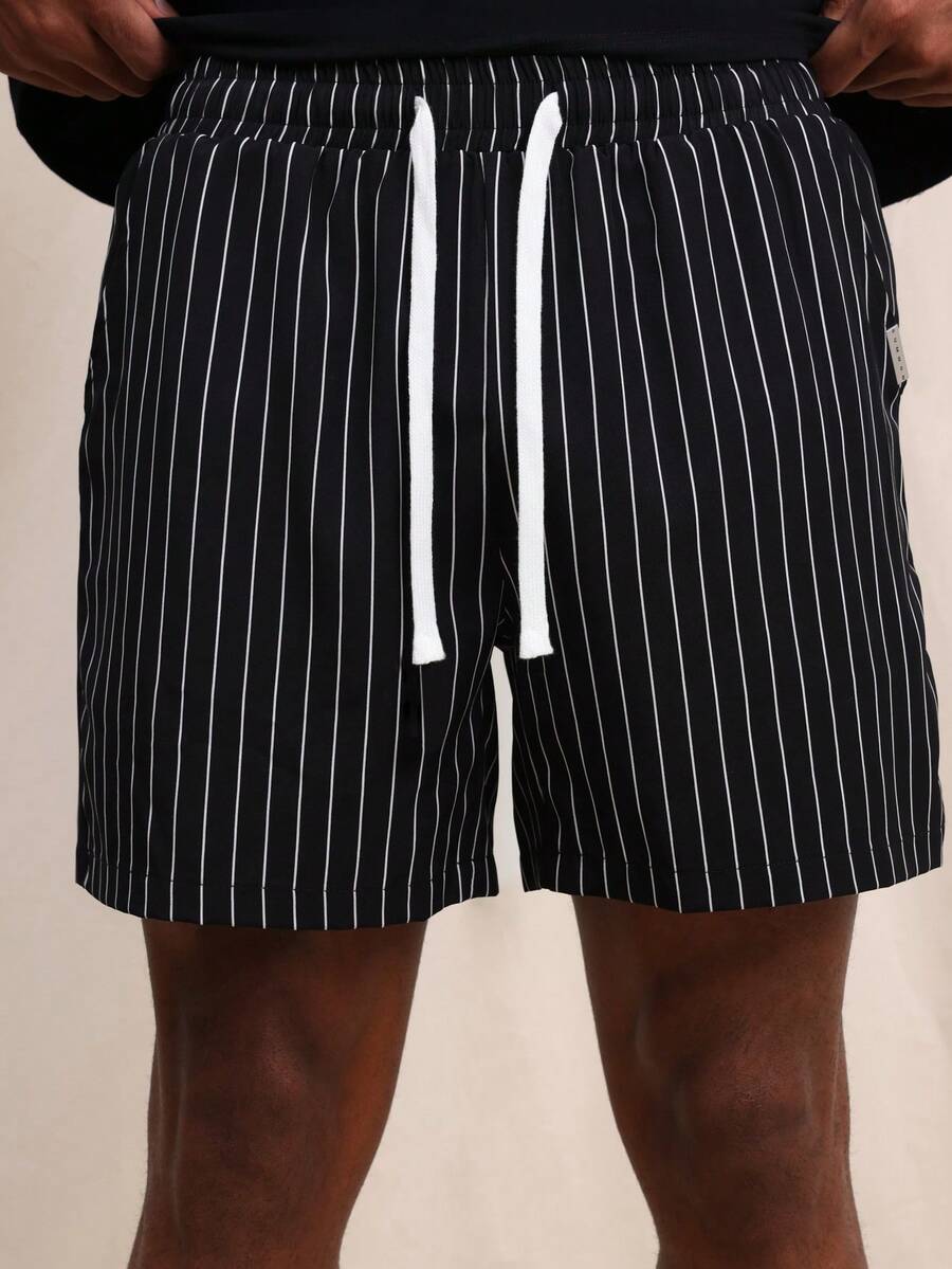SUMWON Men Vertical Pinstripe Drawstring Elastic Waist Summer Casual Shorts With Side Pockets Above Knee Length - Black - View 1