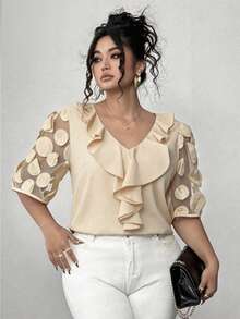 Elenzga Blusa de verano de talla grande para mujer con cuello en V, mangas abullonadas, parches de malla y dobladillo con volantes de unicolor - Amarillo claro - Ver 3