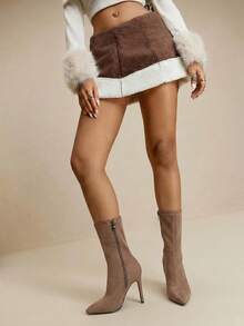 Daringsoles Giày bốt nữ mũi nhọn, khóa kéo bên hông, co giãn, ôm sát, chất liệu flannel, bốt cổ thấp, bốt cao gót, bốt dự tiệc, kỳ nghỉ, du lịch, bốt nữ. - Vải nhung nâu - Xem 10