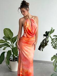 RiviMae Women's Halter Neck Cami Draped Maxi Dress Orange Plants Pattern Slit Hem - Orange - View 4