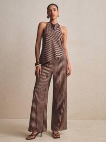 Poéselle Bộ đồ 2 món dành cho nữ: Áo hai dây vạt lệch và quần, kẻ sọc. - Cà phê nâu - Xem 5