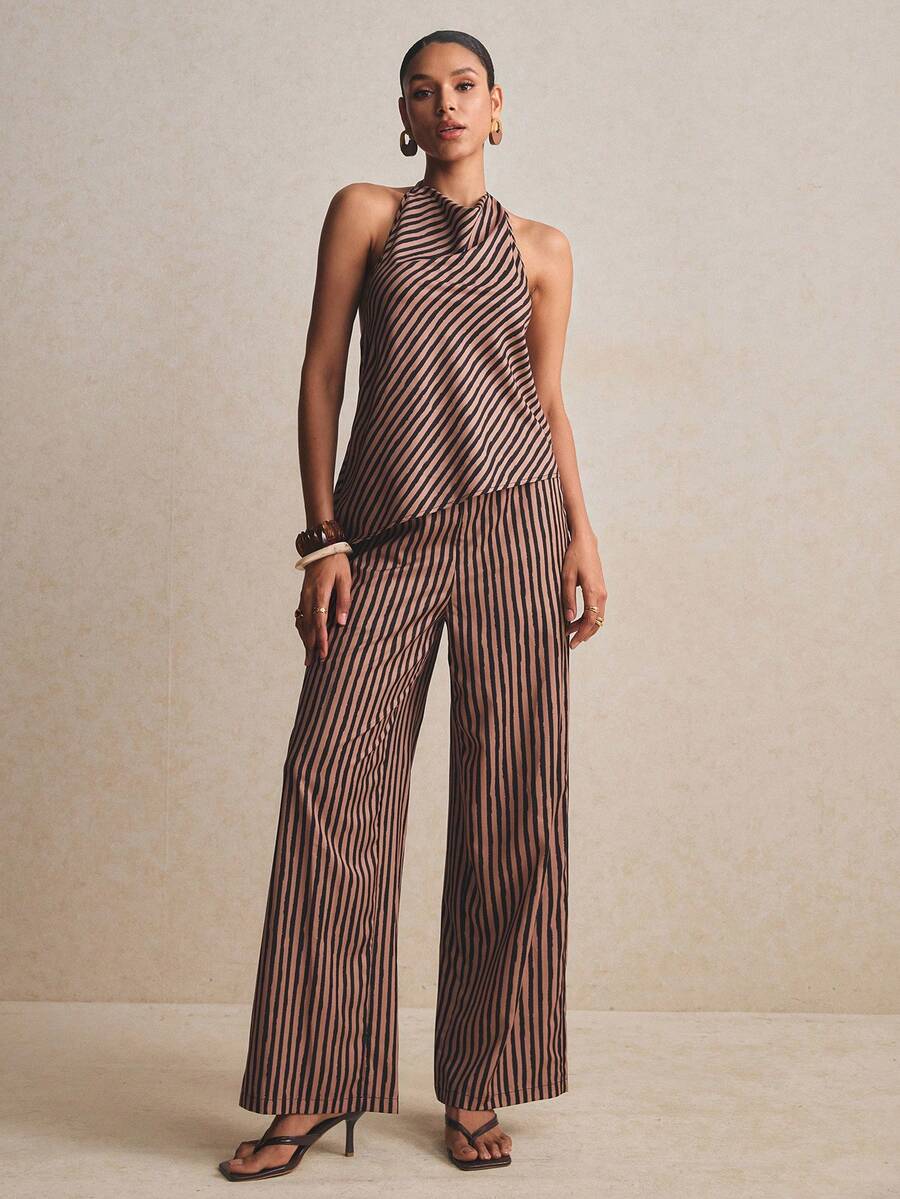 Poéselle 女士条纹不对称下摆露背上衣和裤子两件套