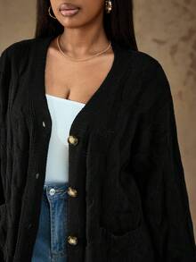 Truni Áo khoác Cardigan vá túi thả vai Plus, cho mùa đông - màu đen - Xem 6