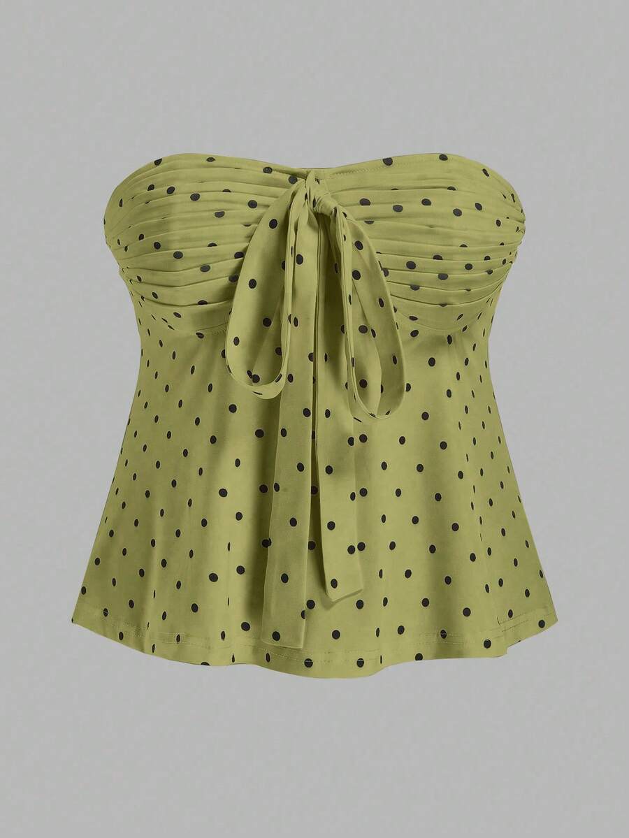 Sweetra Plus Size Retro Romantic Polka Dot Bow Tie Bandeau Top - Green - View 1