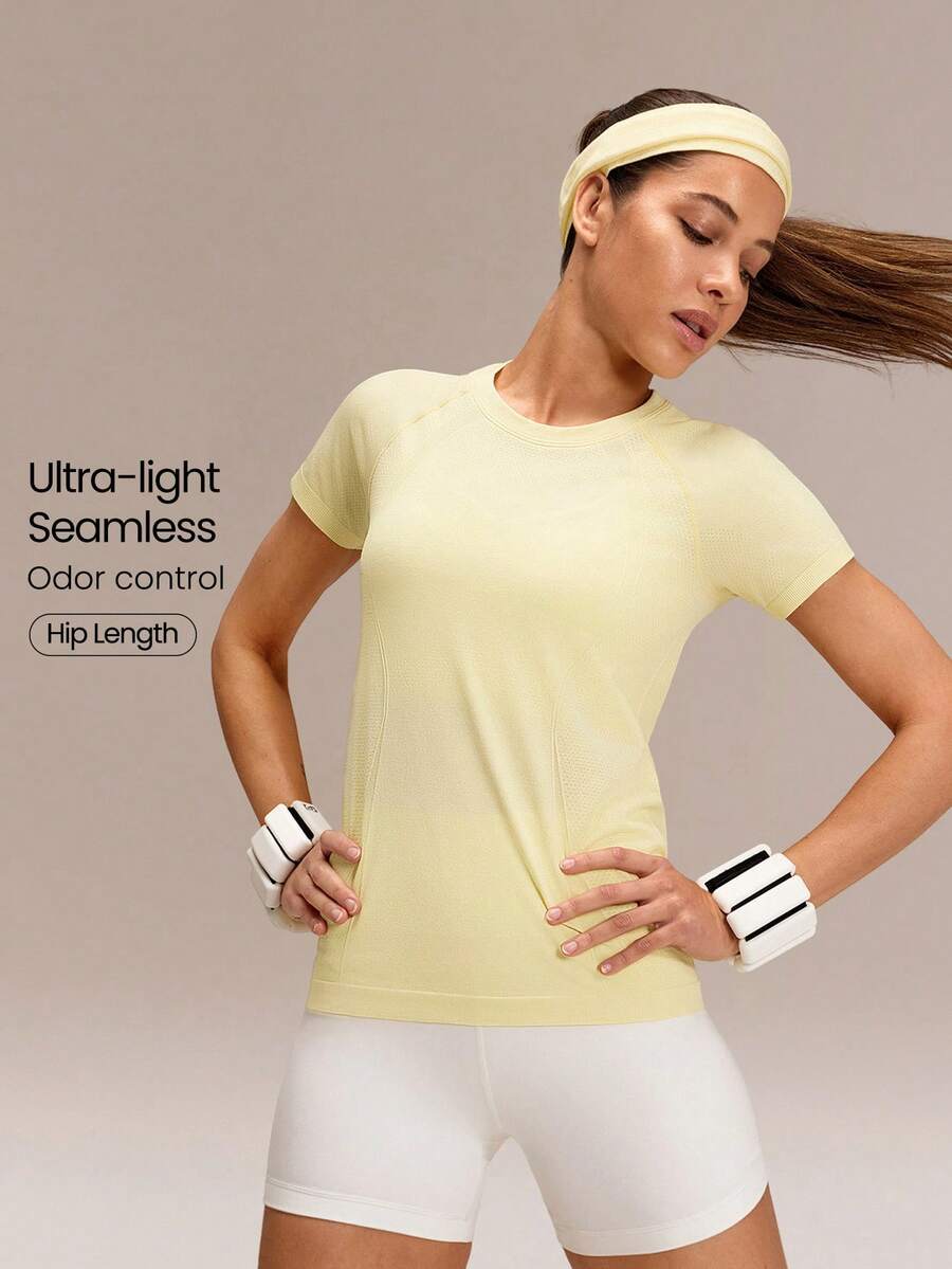 GLOWMODE Áo tập thể dục liền mạch, dáng ôm, tay ngắn, áo thun thể thao tập gym mùa hè - Màu vàng - Xem 1