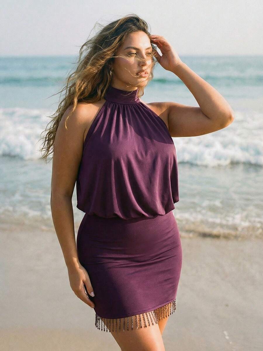 SHEIN ICON 大码高领露背褶皱紧身迷你连衣裙,性感Y2K露背挂脖紧身连衣裙 - 中紫紅色 - 查看 1