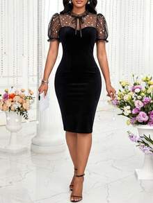 SHEIN Lady Women's Mesh Patchwork Petal Sleeve Ruffle Tie Neck Fitted Midi Dress - Black - View 4