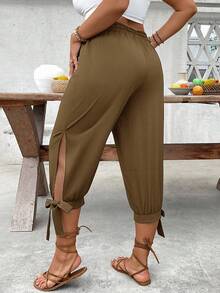 SHEIN CURVE+ Plus Size High Waist Drawstring 7/8 Pants, Spring/Summer - Coffee Brown - View 7