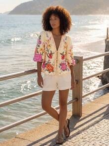 CAJUNI Áo kiểu nữ cổ chữ V thắt nơ phía trước, in họa tiết hoa, kiểu dáng thường ngày đa năng. - Màu vàng - Xem 3