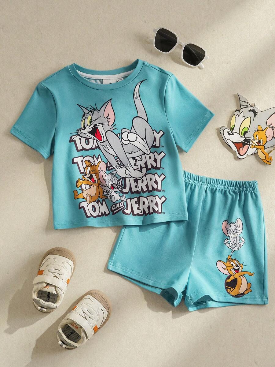 TOM & JERRY X SHEIN 男婴字母卡通印花圆领短袖T恤和短裤套装 - 青碧色 - 查看 1