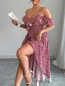 Elenzga 大码女式优雅通勤、外出、约会、度假不对称下摆花卉荷叶边A字连衣裙，春夏款 - 彩色 - 查看 5