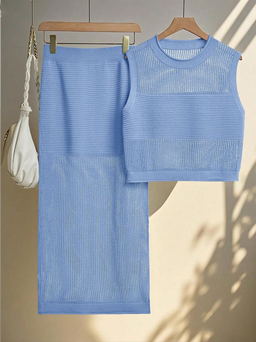 Franclia 女士夏季度假休闲镂空针织背心和迷你裙两件套 - 淺藍色 - 查看 1