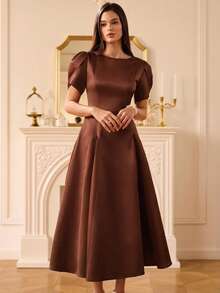 Aveloria Rosie European And American Elegant High-End Satin Material Tulip Sleeve Round Neck Asymmetric Hem Design Women Long Dress - Coffee - View 3