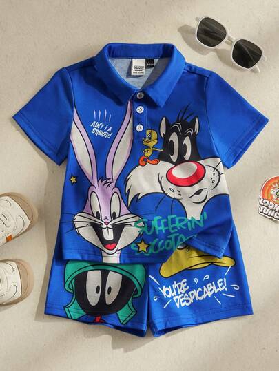 LOONEY TUNES X SHEIN Conjunto casual diario de camiseta de manga corta con estampado de letras y dibujos animados, y pantalones cortos de cintura elástica para niña bebé