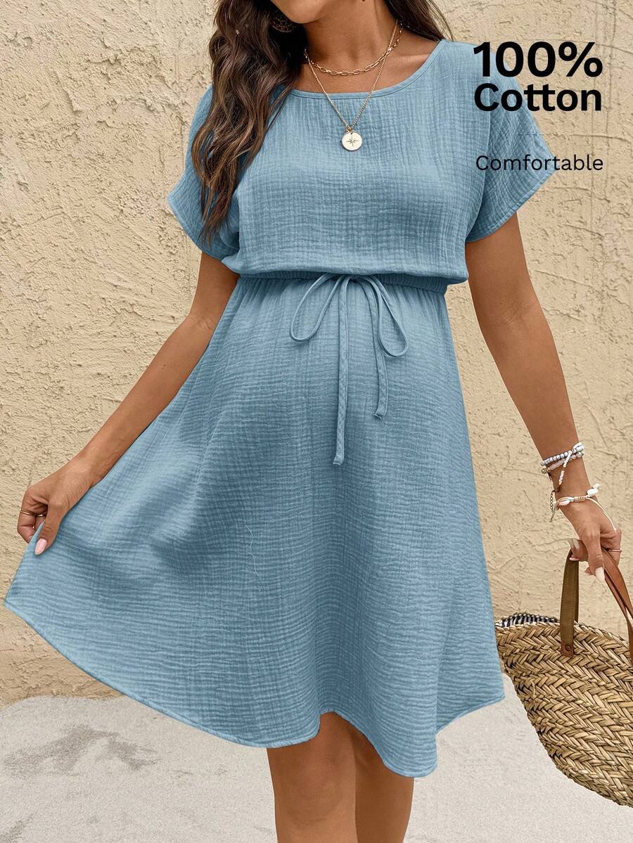 SHEIN Boat Neck Solid Color Waist Bow Decor Maternity Dress - Baby Blue - View 1