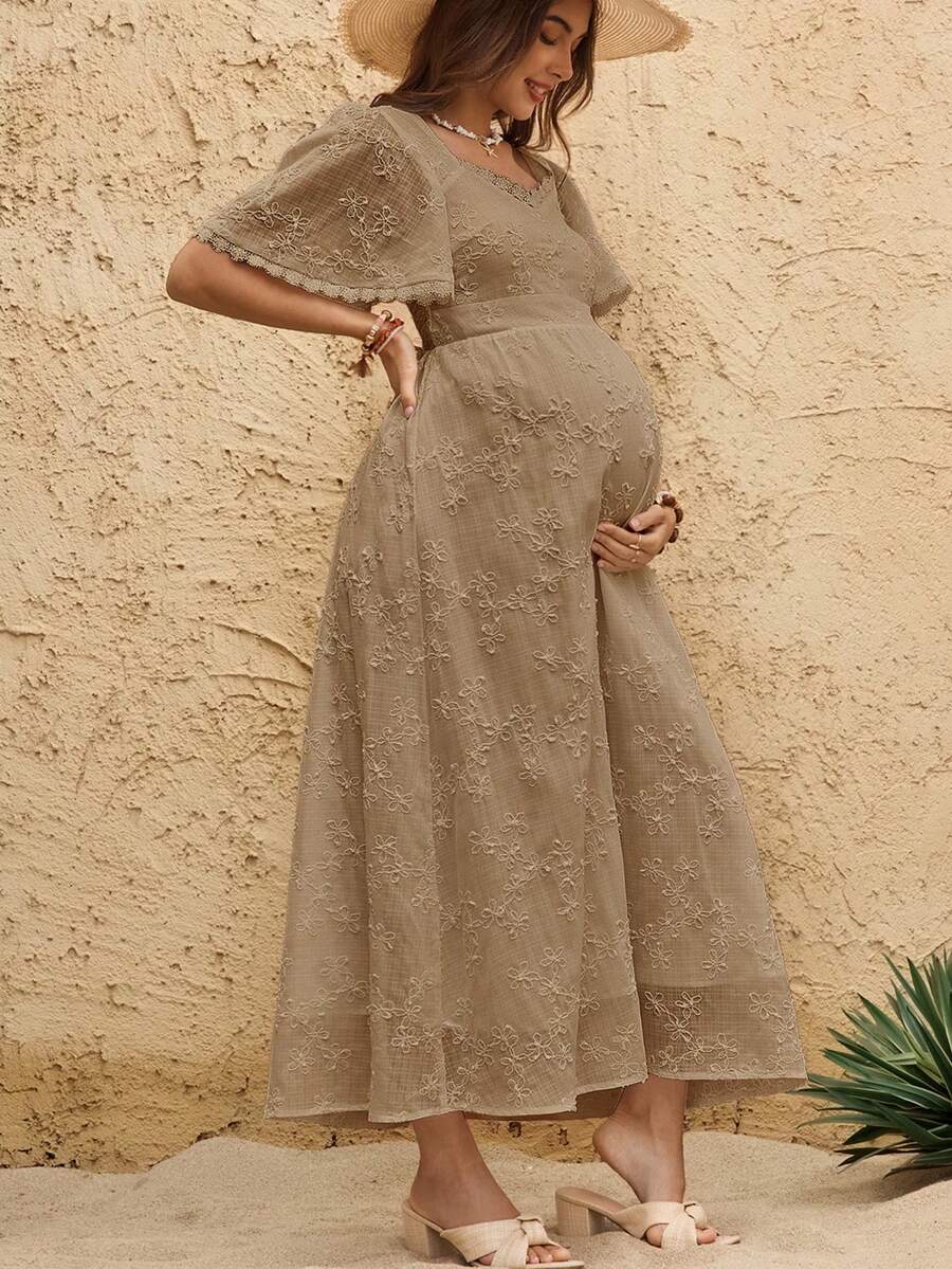Boho Mama 孕妇时尚露背心形领连衣裙,夏季必备 - 卡其色 - 查看 1