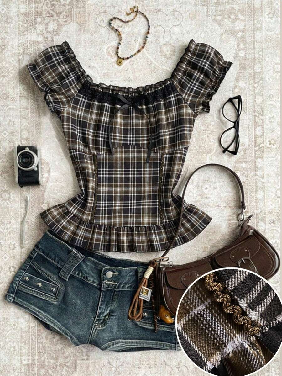 Attitoon Blusa con hombros descubiertos, volantes y cuadros en color café, top lindo para mujer - Café integral - Ver 1