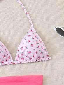 SHEIN Teen Girls 3 Pieces Pink Ditsy Floral Bikini Sets With Sarong Beach Cover-Up,Tie-Knot Bottoms & Skirt,Summer Holiday Bathing Suit Girl's Swimwear - Pink - View 5