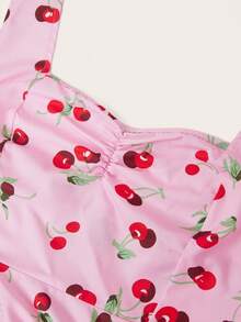 Sweetra Vestido de línea A con estampado de cerezas y cuello halter para tallas grandes - Rosa Pálido - Ver 4