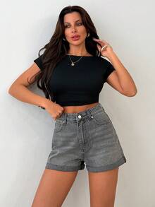 SHEIN High Waist 90's Style Grey Denim Short Folded Hem Detailed - Grey - View 6