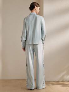 Anewsta Elegant Hollow Embroidered Lace Casual Outgoing Holiday Outfit, Unique Design, Women 2 Pieces Set - Blue - View 3