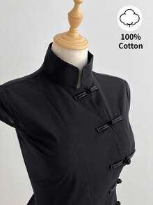 Black Cotton Mandarin Collar Short Sleeve Fitted Side Slit Shirt, New Chinese Style Retro Chic Commuting Elegant Campus Casual Versatile - Black - View 4