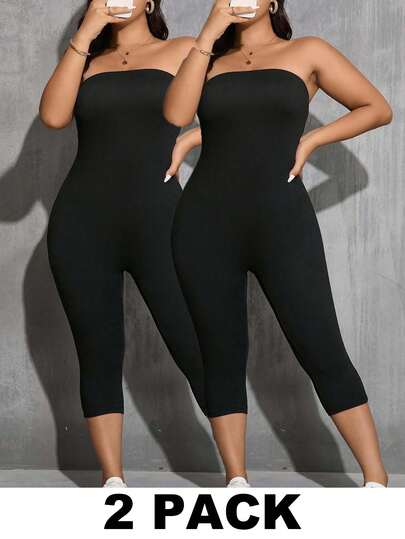 SHEIN Essnce Set de 2 monos informales de color negro sólido talla grande, adecuados para el verano