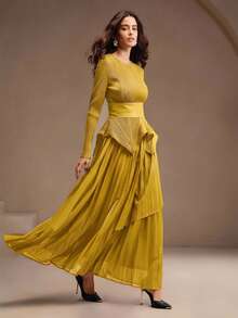 Anewsta Damen Herbst Rundhals Plissee Taille Langarm Top + asymmetrischer Dreischicht-Rock, elegantes, schickes Outfit für Herbst, Party, Weihnachten, Neujahr, Hochzeit - Gelb - Übersicht 5