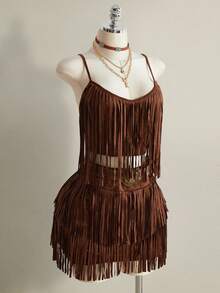 SHEIN ICON 大码女式纯色流苏吊带背心和迷你裙两件套，时尚约会流苏连衣裙，女士西部风情套装，波西米亚流苏套装，牛仔女郎套装，咆哮的二十年代套装，狂野西部套装，女士牛仔套装 - 棕色 - 查看 4