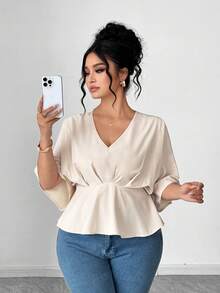 Elenzga Plus Size Women Casual Pleated Design Batwing Short Sleeve Blouse - Apricot - View 3