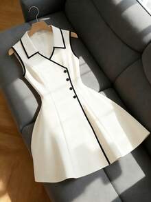 GlowEve Women's Lapel V-Neck Sleeveless Ruched Waist A-Line Elegant Summer Dress - White - View 1