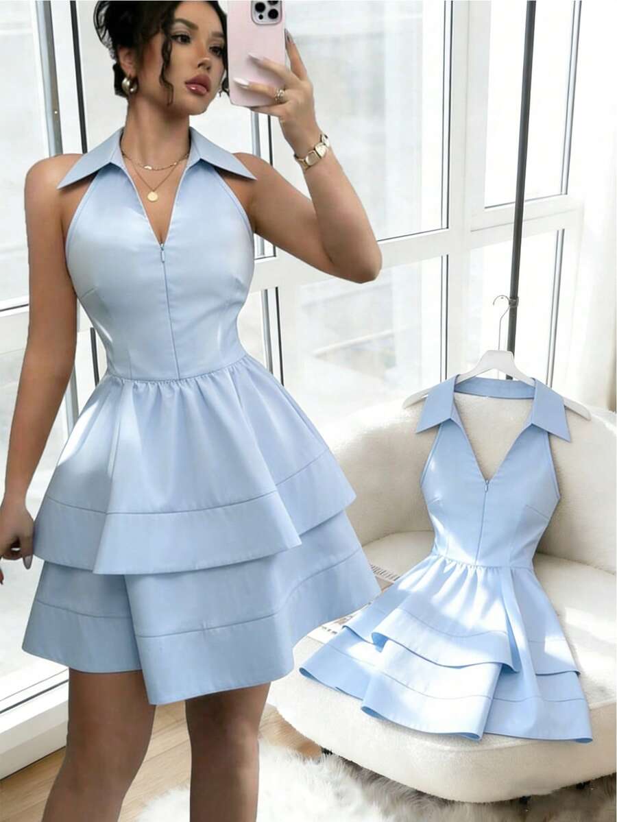Franclia Đầm công sở không tay cổ bẻ dành cho nữ, mùa xuân/hè. - Màu xanh nhạt - Xem 1