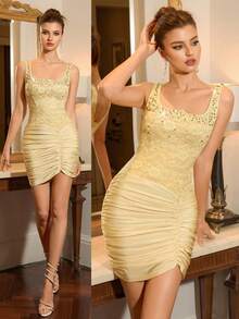 Poshira Vestido de cóctel ajustado sin mangas con detalles de perlas falsas y pliegues (con adornos) - Amarillo - Ver 1