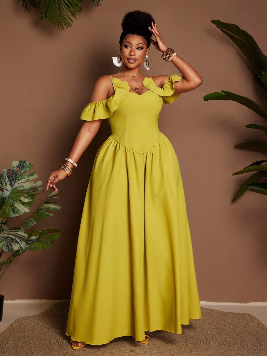 Maweii 大码纯色荷叶边露肩连衣裙 - 芥末黃 - 查看 1