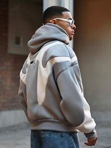 Devon Thys 男士时尚休闲针织宽松长袖连帽卫衣，适合秋季、冬季及情侣穿着 - 灰色 - 查看 3