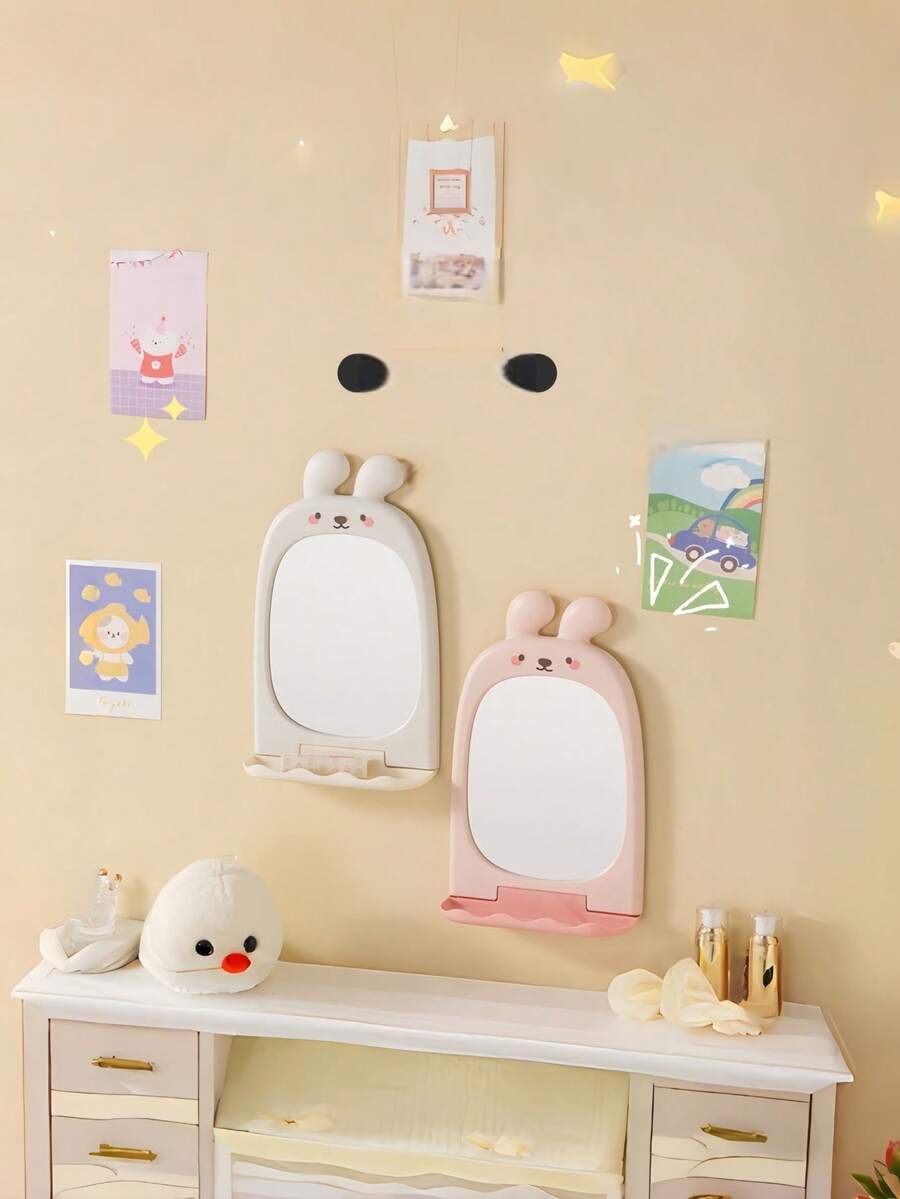 1PC Bunny Cartoon Makeup Mirror Suction Wall Bathroom Mirror Dorm High Value Cosmetic Mirror For Girls Women Home Decor - Multicolor - View 1