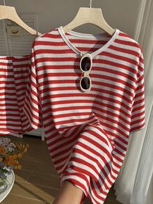 Comfortcana Schwarz-Weiß gestreiftes Casual 2 Stücke Set, bequem für Frühling/Sommer - Rot-Weiß - Übersicht 1