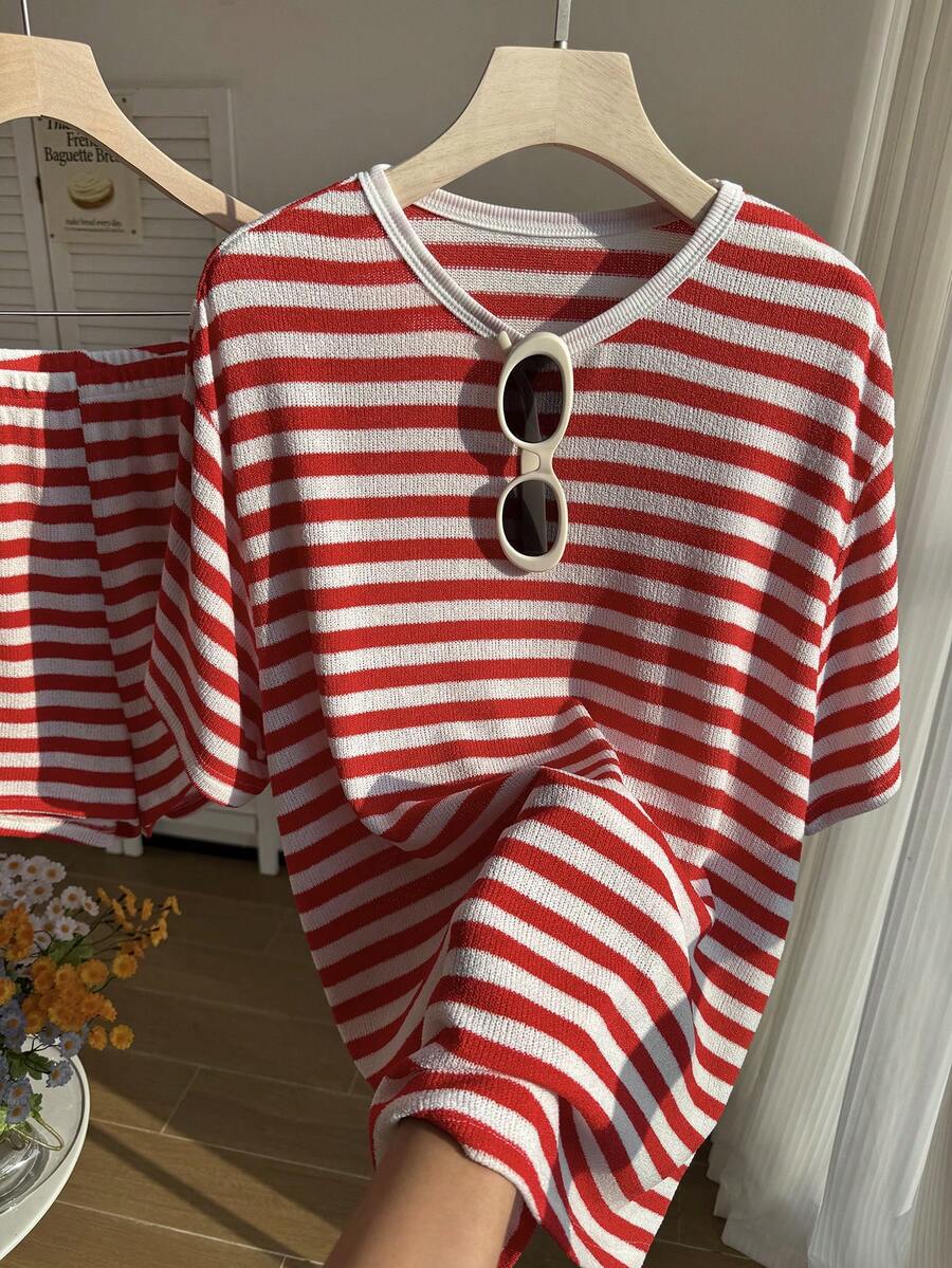 Comfortcana Schwarz-Weiß gestreiftes Casual 2 Stücke Set, bequem für Frühling/Sommer - Rot-Weiß - Übersicht 1