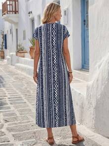 EMERY ROSE Women's Vacation Geometric Stripe Round Neck Batwing Sleeve Casual Long Dress - Navy Blue - View 2