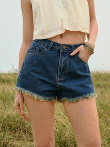 WESTFADE Plaid Star Back Pocket Cotton Blend Denim Shorts,Navy Blue,Summer,Country Western,Concert,Cowgirl,Boho,Vacation,Beach,Festival,Nashville Rodeo - Medium Wash - View 4