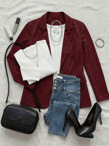 Blazer Casual Women Lapel Collar Elegant Straight Cut Long Sleeve Soft Lightweight Office Versatile Comfortable Modern Silhouette Stylized Basic Indispensable - tinto - 查看 3