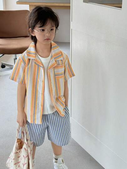 DAZY Striped Short Sleeve Shirt And Shorts Casual Outfit For Young Boy