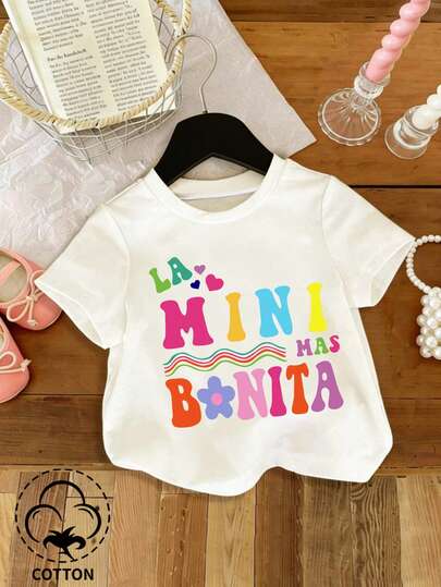 Baby Girls Floral & Graphic Print Crew Neck Short Sleeve T-Shirt, Comfortable & Versatile For Spring/Summer