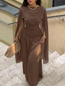 Aloruh Váy chữ A dài tối giản, cổ thuyền, không tay, xếp ly, ruy băng nâu cao cấp - màu nâu - Xem 1