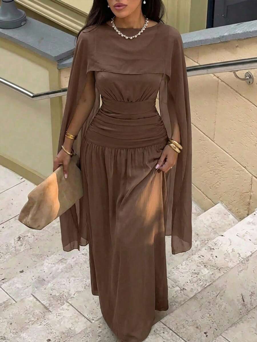 Aloruh Váy chữ A dài tối giản, cổ thuyền, không tay, xếp ly, ruy băng nâu cao cấp - màu nâu - Xem 1