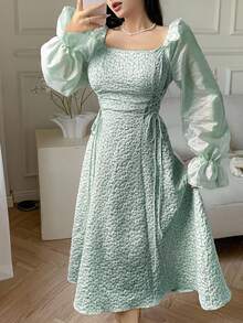 Feyla Women's Solid Color Square Neck Ruffle Hem Long Sleeve Dress Long Evening Dresses - Green - View 6