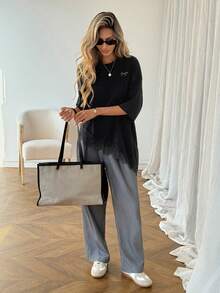 SHEIN LUNE 女士优雅黑色T恤，饰有蝴蝶结、烫钻和蕾丝不对称下摆 - 春夏百搭上衣，适合度假、海滩、约会、派对、办公室和节日等场合 - 彩色 - 查看 6