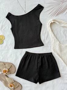 Bộ 2 món dành cho thiếu nữ, gồm áo thun dệt kim kẻ sọc lệch vai và quần short skinny cạp siêu thấp, thích hợp cho các dịp lễ, tiệc tùng, Giáng sinh, Ngày Valentine, hẹn hò, đi biển, du thuyền, lễ hội hóa trang, lễ Phục sinh. - màu đen - Xem 2
