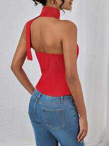 INAWLY Women's Simple Solid Color Halter Front Button Top, Summer - Red - View 2